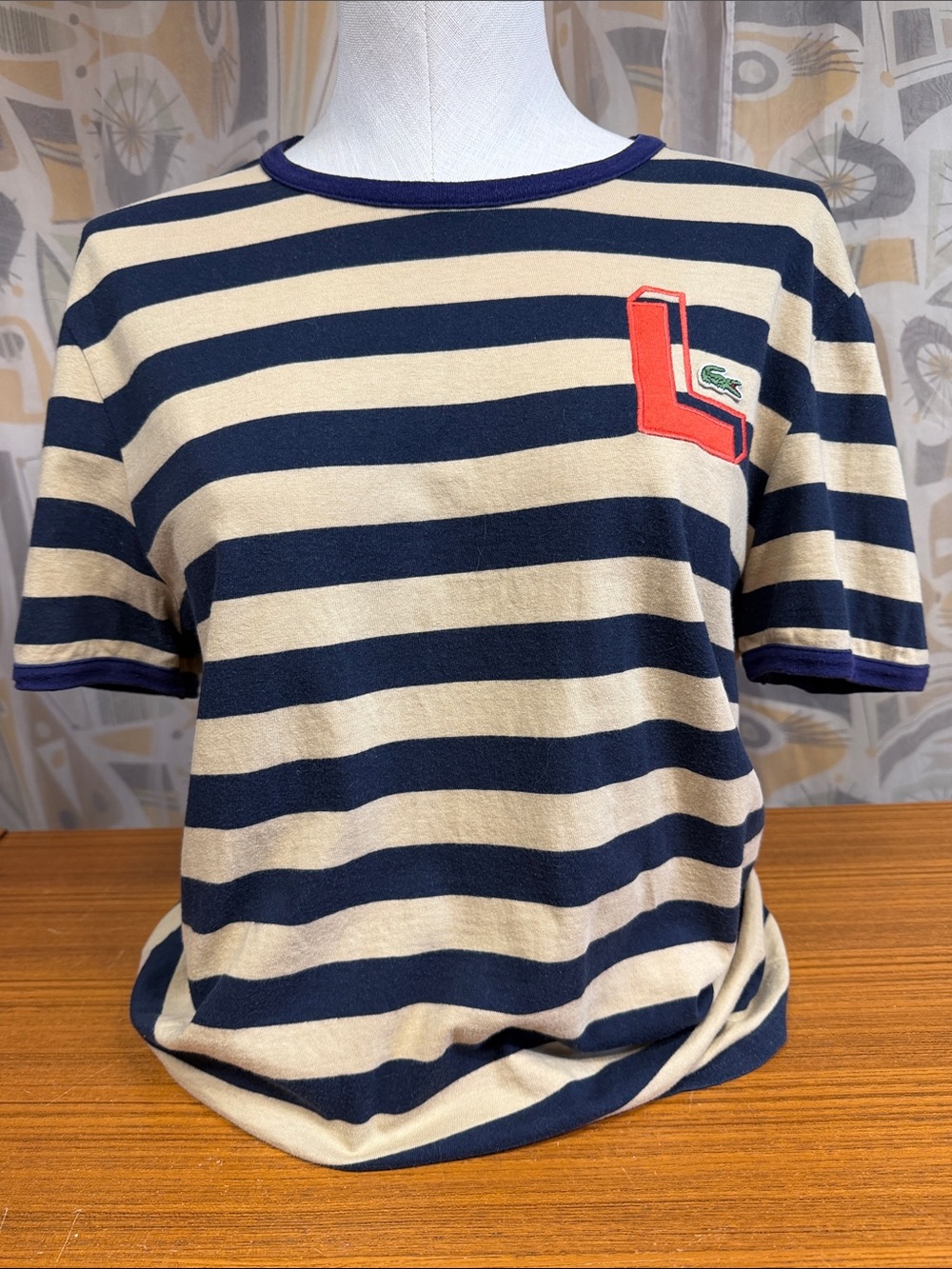 Lacoste Vintage Navy & Cream Striped Short Sleeve Tee Tagged 5 Slim